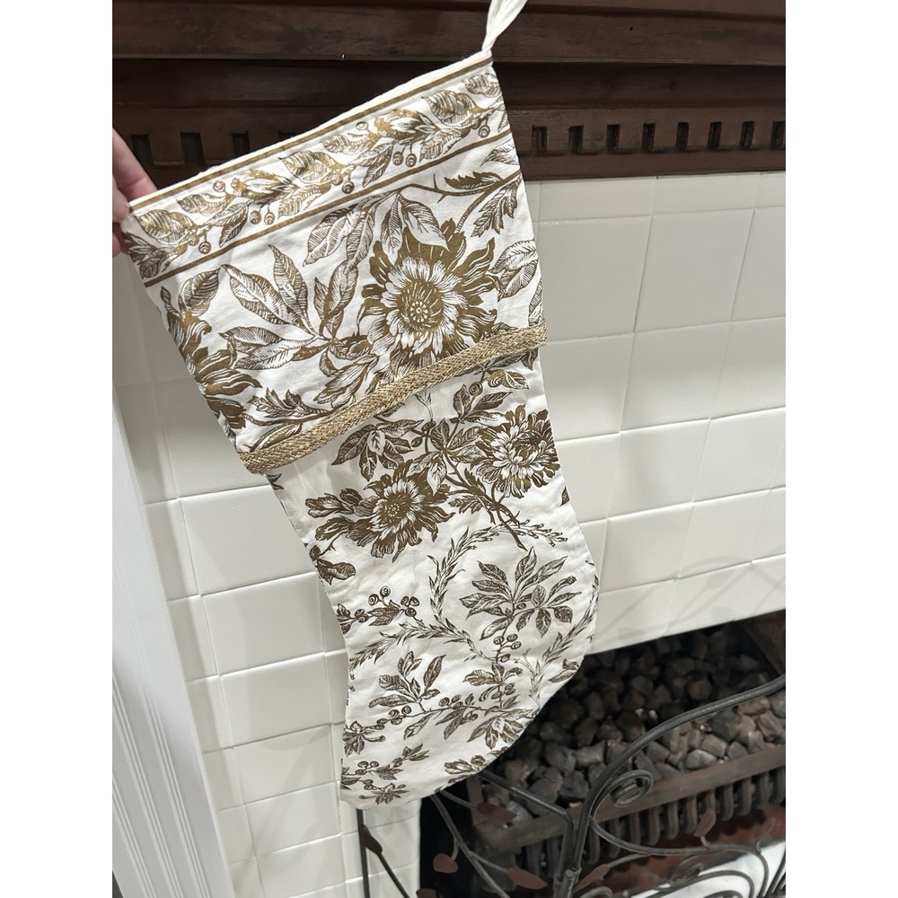 April Cornell Felicity Gold  Toile Floral Christmas Stocking‎ Crocheted Flower - Picture 8 of 12